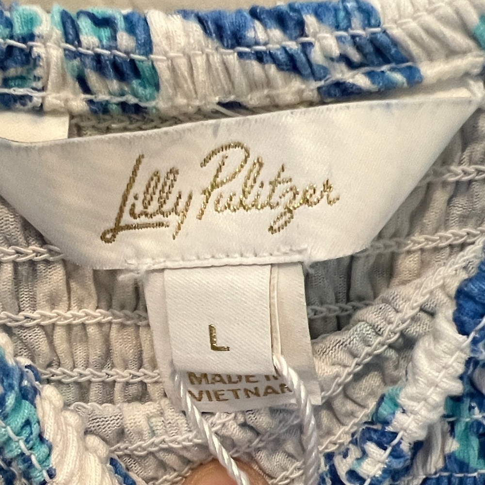 Lilly Pulitzer Floral Blue and White Smocked bodice summer Dress size large - Picture 2 of 11